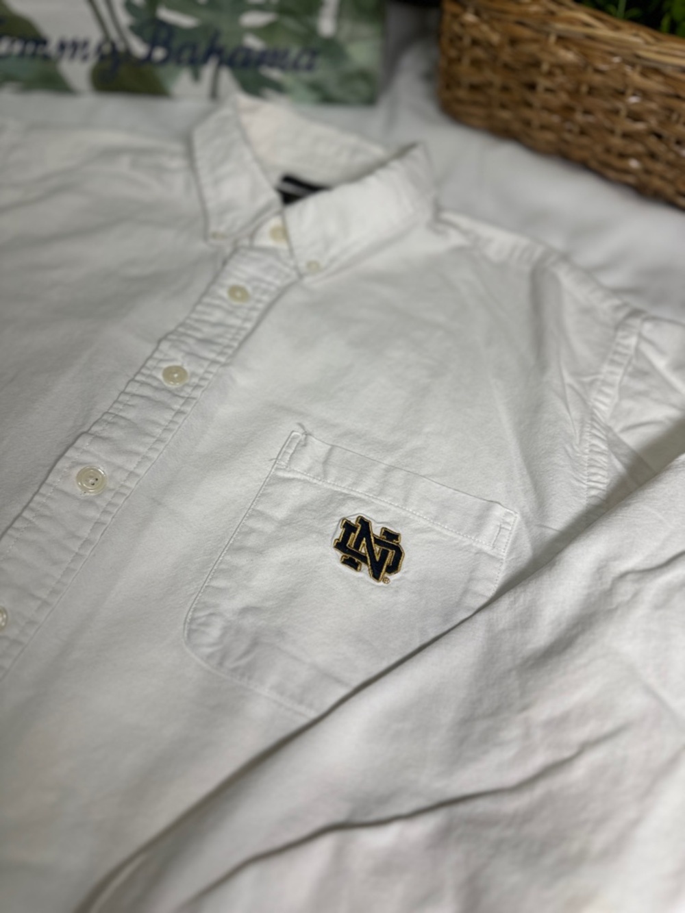 Men's White Button-Down Shirt with Embroidered Notre Dame Logo- XL